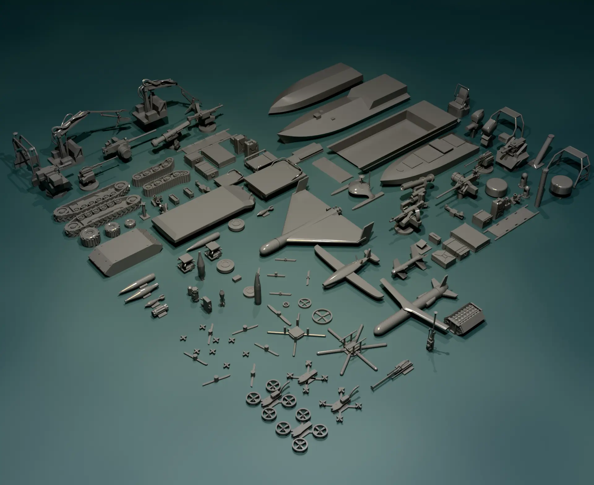 Clay 3D render of the complete Drone Front STL collection: aerial drones, munitions, ground vehicle hulls and tracks, weapon stations and surface vessel hulls