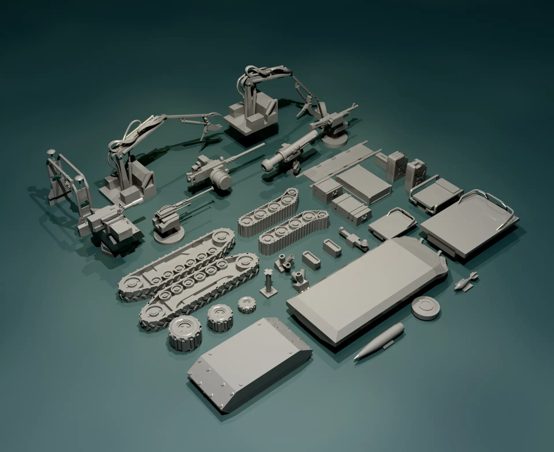 Clay 3D render of the ground set: armoured hulls, tracks, wheels, remote weapon stations and manipulator arms