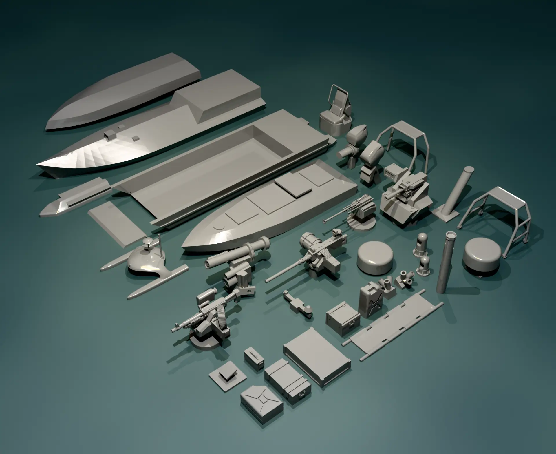Clay 3D render of the surface set: drone boat hulls, a landing craft, outboard engines, radomes and turret weapons