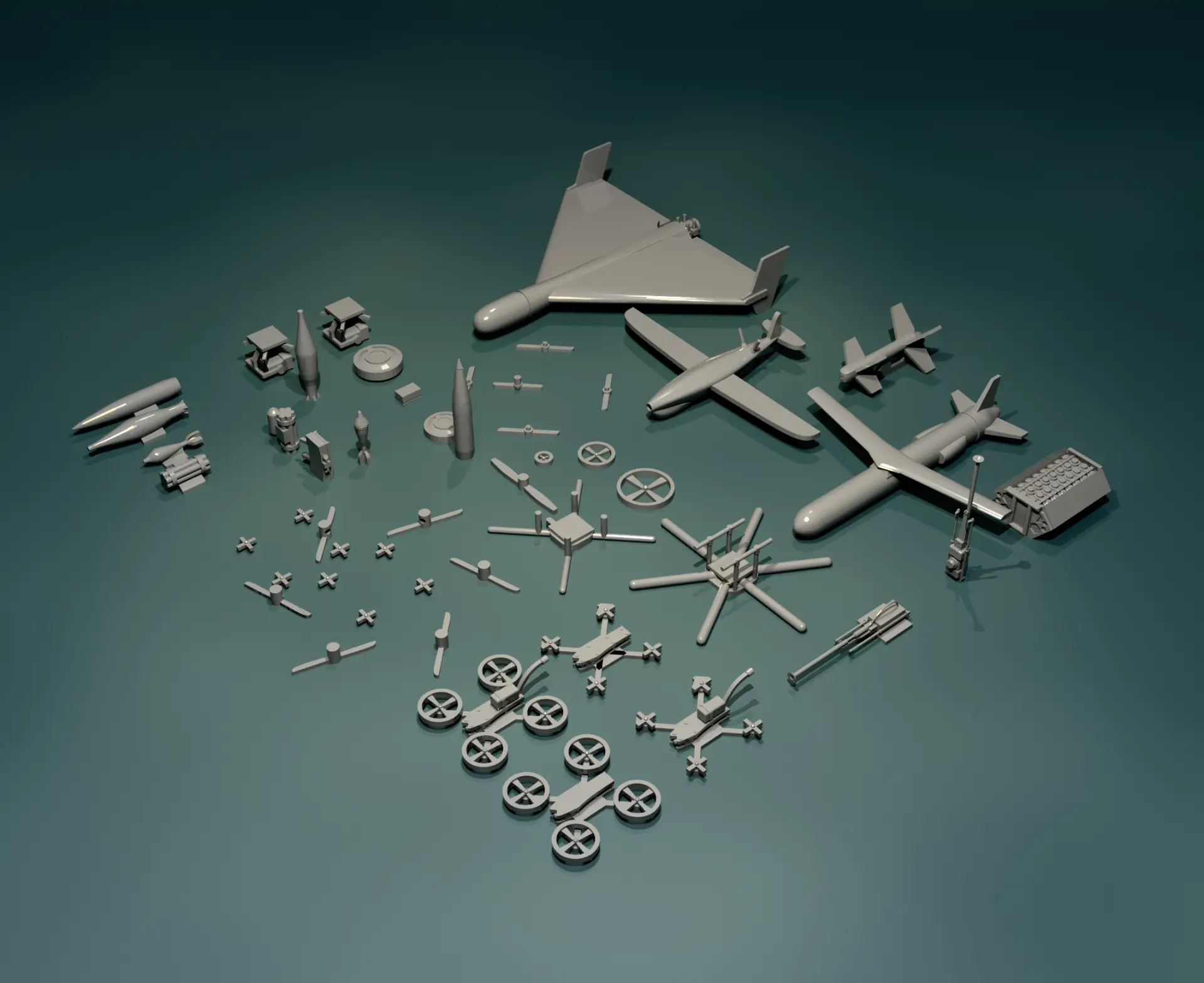 Clay 3D render of the aerial set: delta-wing loitering munition, fixed-wing drones, multirotor frames, rotors and shells